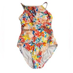 Ellen Tracy Women's 12 Floral High Neck key hole One Piece Swimsuit multicolor
